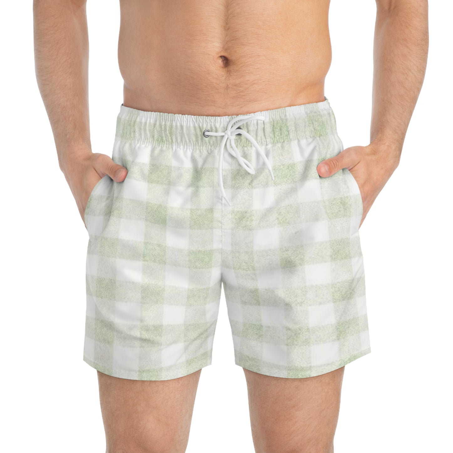 Men’s Green & White Plaid Swim Trunks
